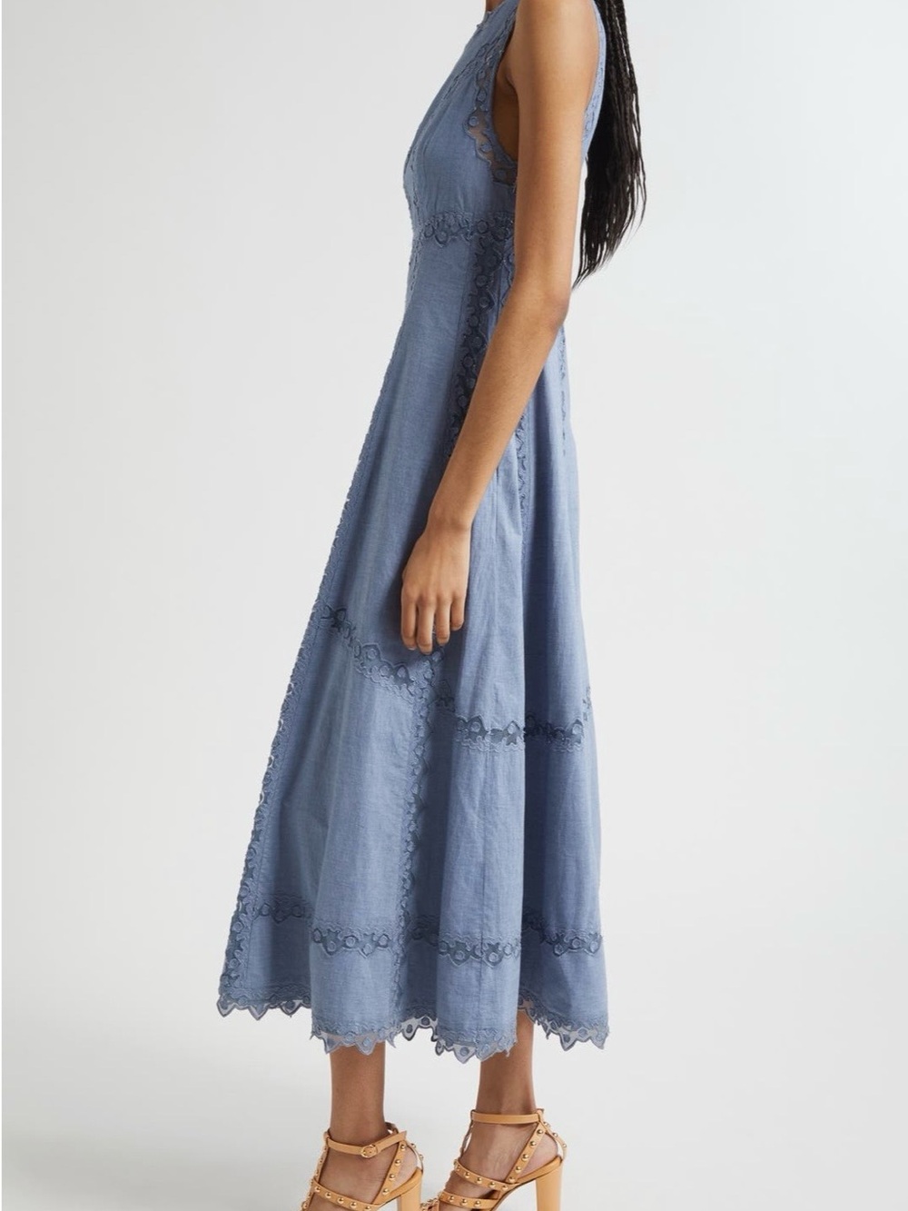 Ulla Johnson Anela Chambray Sleeveless Midi Dress with Lace Insets - Picture 3 of 7